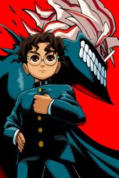 1boy alternate_form black_hair brown_eyes dandadan dark_skin gakuran glasses highres kolsanart mask mouth_mask red_eyes round_eyewear school_uniform takakura_ken_(dandadan) tall_hair white_hair