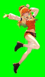 1girl :d absurdres armpits beret bilingual_commentary black_shoes breasts buttons chef_hat colored_inner_hair commentary detached_sleeves double-breasted english_commentary feathers full_body gradient_hair green_background green_feathers green_hair hair_flaps hand_up hat highres hololive hololive_english ishihara_(kuniyoshi) looking_at_viewer medium_breasts midriff mini_hat miniskirt mixed-language_commentary multicolored_hair multiple_hats navel open_mouth orange_hair orange_hat orange_skirt orange_vest outstretched_arm purple_eyes ribbed_sleeves shoes simple_background skirt smile sneakers solo takanashi_kiara takanashi_kiara_(1st_costume) teeth thighhighs upper_teeth_only vest watermark white_hat white_thighhighs