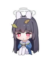 1girl 3: absurdres animal_ears bento black_gloves black_hair blue_archive blue_serafuku blue_shirt blue_skirt blunt_bangs blunt_ends blush bright_pupils chibi closed_mouth commentary fake_animal_ears full_body gloves grey_halo halo highres hime_cut holding_bento knees_up leaf leaf_on_head long_hair lumoon miniskirt miyu_(blue_archive) pantyhose pleated_skirt rabbit_ears red_eyes sad sailor_collar school_uniform serafuku shirt sidelocks simple_background sitting skirt solo straight_hair tears very_long_hair white_background white_pantyhose white_pupils white_sailor_collar
