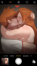 1boy 1girl 2boys absurdres anilingus bleach breasts cellphone hetero highres inoue_orihime kiss kurosaki_ichigo large_breasts long_hair multiple_boys netorare phone short_hair smartphone zeroqrisu