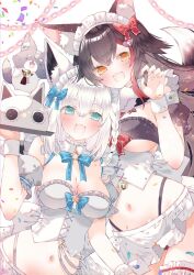 alternate_costume animal_ear_fluff animal_ears black_hair blue_eyes breasts crossed_bangs double-parted_bangs enmaided hair_between_eyes highres hololive large_breasts looking_at_viewer maid maid_headdress moo_(umineko) navel ookami_mio shirakami_fubuki smile white_hair wrist_cuffs