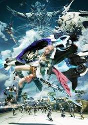 10s 2girls 3d 6+boys armor beanie blonde_hair blue_eyes boots cape elbow_gloves final_fantasy final_fantasy_xiii fingerless_gloves gloves hat highres lightning_farron long_hair multiple_boys multiple_girls official_art pink_hair serah_farron side_ponytail skirt snow_villiers sword thigh_strap weapon