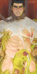 1boy abs artist_name bara black_hair blue_eyes blush brian_(gyee) chain chained collar cum ejaculation erection feet_out_of_frame gyee highres male_focus manly mature_male muscular muscular_male nipples one_eye_closed pectorals polarixxxhere puffy_nipples scar scar_on_face scar_on_nose signature simple_background slime_(substance) solo spiked_collar spikes testicles thick_eyebrows torn_clothes