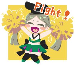 1girl :d adapted_costume armpits arms_up black_bow black_hat black_thighhighs blush_stickers border bow cheerleader chibi closed_eyes commentary_request crop_top english_text green_shoes green_skirt green_tank_top happy hat midriff miniskirt navel open_mouth oroka_(0903_renge) pleated_skirt pom_pom_(cheerleading) shoes short_hair_with_long_locks simple_background skirt smile solo tank_top tate_eboshi teireida_mai thighhighs touhou white_border yellow_background