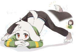 1boy 1other asriel_dreemurr ass barefoot black_pants brown_hair chara_(undertale) chibi goat_boy green_sweater jack-o&#039;_challenge leftporygon light_blush pants red_eyes short_hair simple_background sweater top-down_bottom-up undertale upper_body white_background white_fur yellow_stripes