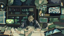 1girl bag blue_shirt chromatic_aberration cyberseaurchin glasses green_theme highres long_hair old old_woman original paper shirt sitting sketch