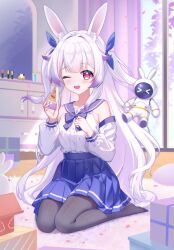 &gt;_&lt; 1girl ;d alternate_costume alternate_hairstyle animal_ear_fluff animal_ears bare_shoulders black_pantyhose blue_bow blue_ribbon blue_sailor_collar blue_skirt blush bow box breasts cake carpet colored_tips curtains detached_sleeves food full_body gradient_hair hair_ribbon hands_up highres holding holding_cake holding_food indoors jinse_fu_yaojing lanyin lipstick long_hair long_sleeves looking_at_viewer makeup medium_breasts mirror multicolored_hair no_shoes one_eye_closed open_mouth pantyhose petals pleated_skirt puffy_long_sleeves puffy_sleeves purple_hair rabbit rabbit_ears red_eyes ribbon sailor_collar school_uniform serafuku shirt sitting skirt sleeveless sleeveless_shirt smile solo table teeth two_side_up vanity_table very_long_hair virtual_dimension_project virtual_youtuber wariza white_hair white_shirt window xy_production yellow_eyes