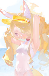 1girl :d above-cleavage_cutout absurdres animal_ear_fluff animal_ears armpits arms_behind_head arms_up blonde_hair blue_archive breasts casual_one-piece_swimsuit clothing_cutout covered_navel cross_halo diamond_cutout fang fox_ears fox_girl fox_tail hair_over_one_eye halo highleg highleg_one-piece_swimsuit highres jacket loli long_hair long_sleeves looking_at_viewer looking_over_eyewear off_shoulder official_alternate_costume oiru_(fattyoils) one-piece_swimsuit one_eye_covered open_mouth orange-tinted_eyewear outdoors seia_(blue_archive) seia_(swimsuit)_(blue_archive) side_ponytail skin_fang small_breasts smile solo standing sweat swimsuit tail tinted_eyewear very_long_hair visor_cap white_one-piece_swimsuit yellow_halo yellow_jacket yellow_visor