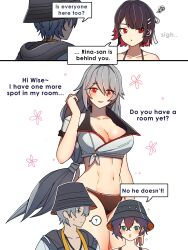 Rule 34 | 1boy, absurdres, alexandrina sebastiane, bare legs, belle (zenless zone zero), dorahdew, ellen joe, hair ornament, hairclip, highres, long hair, multiple girls, navel, red eyes, sexually suggestive, short hair, swimsuit, wise (zenless zone zero), zenless zone zero