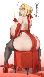 1girl ahoge ass aster_crowley bare_shoulders black_thighhighs blonde_hair breasts cup dress drinking_glass elbow_gloves fate/extra fate/extra_ccc fate/grand_order fate_(series) gloves green_eyes hair_bun high_heels highres huge_areolae huge_breasts japanese_text lips nero_claudius_(fate) paid_reward_available sideboob simple_background sitting speech_bubble sweat thighhighs thighs translation_request wine_glass