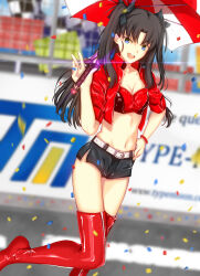 1girl belt black_hair blue_eyes boots bow breasts choker cleavage confetti crop_top fate/stay_night fate_(series) highres iro_(sekaixiro) jacket long_hair midriff navel official_alternate_costume race_queen red_jacket short_shorts shorts smile solo thigh_boots thighhighs tohsaka_rin tohsaka_rin_(type-moon_racing) two_side_up