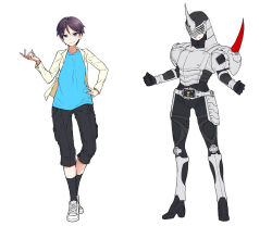 2girls armor belt black_bodysuit black_pants black_socks blue_eyes blue_shirt bodysuit capri_pants clenched_hands closed_mouth commentary dual_persona eidenjyou1997 fake_horns full_body genderswap genderswap_(mtf) grey_armor hand_on_own_hip helmet horned_helmet horns jacket kamen_rider kamen_rider_gai kamen_rider_ryuki_(series) kneehighs looking_at_viewer multiple_girls pants purple_hair rider-tan rider_belt shibaura_jun shirt shoes simple_background smirk sneakers socks standing v_buckle white_background white_shoes white_sneakers yellow_jacket