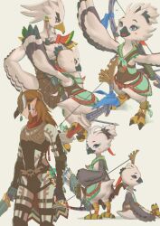 1girl 2boys :d arrow_(projectile) bare_shoulders beak bird_boy bird_girl blue_eyes body_fur bow_(weapon) earrings fake_beak furry furry_female furry_male happy highres holding holding_bow_(weapon) holding_sword holding_weapon ivy_(sena0119) jewelry link long_hair mask multiple_boys multiple_views nintendo open_mouth pointy_ears ponytail profile quiver rito sitting smile standing sword tattoo teba_(zelda) the_legend_of_zelda the_legend_of_zelda:_tears_of_the_kingdom tulin_(zelda) weapon winged_arms wings