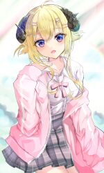 1girl ahoge blonde_hair blue_eyes breasts cowboy_shot grey_skirt highres hololive horns jacket large_breasts nyarocks pink_jacket pleated_skirt purple_eyes sheep_girl sheep_horns shirt short_hair single_off_shoulder skirt solo tsunomaki_watame virtual_youtuber white_shirt