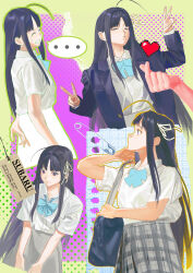 Rule 34 | 1girl, absurdres, ahoge, awa subaru, bag, black hair, black jacket, blue bag, blue bow, blue bowtie, bow, bowtie, chinese commentary, closed eyes, collared shirt, commentary request, dress shirt, finger heart, girls band cry, green outline, grey skirt, hair ribbon, highres, jacket, long hair, long sleeves, multiple views, open clothes, open jacket, outline, parted bangs, plaid clothes, plaid skirt, pleated skirt, purple eyes, rainbow hose, ribbon, school bag, school uniform, shirt, short sleeves, shoulder bag, sidelocks, skirt, white ribbon, white shirt
