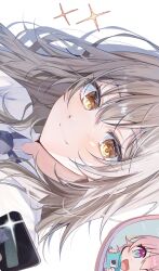 2girls alternate_costume cellphone close-up collared_shirt commentary_request grey_hair grey_necktie highres holding holding_phone honkai:_star_rail honkai_(series) long_hair looking_at_viewer mahiru_yura march_7th_(honkai:_star_rail) multiple_girls necktie phone pink_hair shirt sideways simple_background smartphone smile stelle_(honkai:_star_rail) trailblazer_(honkai:_star_rail) white_background white_shirt yellow_eyes