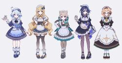 &quot;pour_la_justice&quot;_(genshin_impact) 5girls :d ;d absurdres ahoge alternate_costume apron ascot black-framed_eyewear black_ascot black_bow black_dress black_gloves black_shoes blonde_hair blue_bow blue_dress blue_eyes blue_gemstone blue_hair blue_pupils blue_shoes blush bow breasts clipboard clorinde_(genshin_impact) closed_mouth corset detached_sleeves dress drop-shaped_pupils emilie_(genshin_impact) enmaided facial_mark fingernails footwear_bow frilled_apron frilled_hairband frilled_wrist_cuffs frills full_body furina_(genshin_impact) gem genshin_impact glasses gloves hair_between_eyes hair_bow hairband hand_on_own_hip hand_up heterochromia high_heels highres holding holding_clipboard holding_tray juliet_sleeves light_smile long_hair long_sleeves looking_at_viewer lynette_(genshin_impact) maid maid_headdress medium_breasts medium_hair multicolored_hair multiple_girls navia_(genshin_impact) one_eye_closed open_mouth own_hands_together pantyhose puffy_long_sleeves puffy_short_sleeves puffy_sleeves purple_eyes purple_hair semi-rimless_eyewear shoes short_hair short_sleeves sikaku simple_background smile standing star_(symbol) star_facial_mark streaked_hair symbol-shaped_pupils teardrop-shaped_gem tray twitter_username very_long_hair waist_apron white_apron white_background white_gloves white_hair white_hairband wrist_cuffs