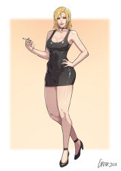 1girl 2024 absurdres artist_name blonde_hair blurry blurry_background border breasts choker cigarette cirenk cleavage commentary commission english_commentary hand_on_own_shoulder high_heels highres holding holding_cigarette original short_hair solo white_border