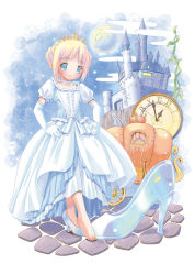 1girl barefoot blonde_hair blue_eyes cinderella_(character) cinderella_(fairy_tale) cinderella_(fairy_tale_character) dress elbow_gloves female_focus glass_slipper gloves gown pop pumpkin shoes single_shoe solo white_gloves