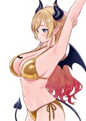 1girl absurdres armpits arms_up bat_tattoo bikini blonde_hair blue_eyes breast_tattoo breasts cleavage danimocles demon_girl demon_horns demon_tail demon_wings gold_bikini gradient_hair highres hololive horns large_breasts long_hair multicolored_hair navel pointy_ears side-tie_bikini_bottom simple_background solo stomach swimsuit tail tattoo very_long_hair virtual_youtuber white_background wings yuzuki_choco