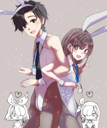 1boy 3girls :d absurdres animal_ear_hairband animal_ears arms_at_sides arona_(blue_archive) back-to-back black_hair black_necktie blue_archive blue_archive_the_animation blue_necktie blush bow_hairband braid breasts brown_background brown_eyes brown_hair brown_pantyhose chibi chibi_inset closed_mouth commentary_request cowboy_shot crossdressing curtained_hair detached_collar dot_mouth expressionless fake_animal_ears fanged_bangs female_sensei_(blue_archive) fumino5jyo grey_pantyhose hair_over_one_eye hair_tie hairband heart height_difference highleg highleg_leotard highres lanyard leotard light_particles locked_arms long_hair looking_at_another looking_at_viewer looking_to_the_side low_ponytail male_playboy_bunny multiple_girls necktie one_eye_covered open_mouth pantyhose partially_colored plana_(blue_archive) ponytail rabbit_ear_hairband rabbit_ears schale_logo sensei_(blue_archive) sensei_(blue_archive_the_animation) short_hair side_braid simple_background small_breasts smile sweatdrop variant_set very_short_hair white_hairband white_leotard white_wrist_cuffs wrist_cuffs