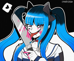 1girl amemiya_darumi black_background black_bow black_hair blood blood_on_face blood_on_hands bloody_knife bloody_weapon blue_hair bow collar face_piercing female_focus heart highres holding holding_weapon knife licking_blade lip_piercing looking_at_viewer makeup multicolored_hair open_mouth piercing pink_blood pink_eyes runny_makeup safety_pin simple_background smile solo solo_focus speech_bubble the_hundred_line_-last_defense_academy- tongue tongue_out upper_body weapon white_background
