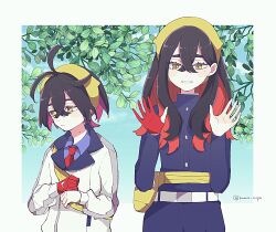 Rule 34 | 1boy, 1girl, ahoge, belt, belt buckle, black hair, brother and sister, buckle, carmine (pokemon), cloud, collared shirt, colored inner hair, commentary request, crossed bangs, day, fanny pack, gloves, hair between eyes, hairband, hands up, highres, holding strap, jacket, kieran (pokemon), leaf, looking at viewer, multicolored hair, necktie, nintendo, outdoors, partially fingerless gloves, pokemon, pokemon sv, red gloves, red necktie, shinogo no, shirt, siblings, single glove, sky, smile, white belt, white jacket, yellow bag, yellow eyes, yellow hairband
