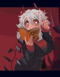 1girl absurdres black_horns black_jacket book demon_girl demon_horns demon_tail grey_hair heart heart-shaped_pupils helltaker highres holding holding_book horns jacket looking_at_viewer lumpypacas modeus_(helltaker) red_sweater solo sweat sweater symbol-shaped_pupils tail