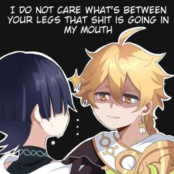 Rule 34 | 2boys, aether (genshin impact), ahoge, black background, black hair, blonde hair, commentary, earrings, english commentary, english text, face-to-face, genshin impact, gloves, grin, hair between eyes, hand on another&#039;s shoulder, highres, imminent fellatio, imminent penetration, jewelry, julydelic, long hair, looking at another, multiple boys, nervous sweating, parted bangs, partially shaded face, raised eyebrow, scaramouche (genshin impact), short hair, simple background, smile, sweat, upper body, wanderer (genshin impact), yaoi, yellow eyes, you gonna get raped