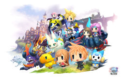 00s 10s 1990s_(style) 3boys 4girls armor behemoth black_mage_(final_fantasy) blonde_hair bridge brown_hair castle chibi chocobo cloud_strife faris_scherwiz final_fantasy final_fantasy_i final_fantasy_v final_fantasy_vii final_fantasy_x final_fantasy_xiii headband horns lann_(world_of_final_fantasy) lightning_farron logo monster multiple_boys multiple_girls official_art pink_hair purple_hair retro_artstyle reynn_(world_of_final_fantasy) running spiked_hair square_enix train world_of_final_fantasy yuna