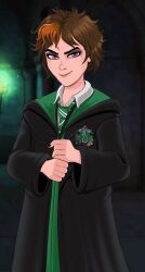 1girl brown_hair collar cowboy_shot dungeon green_necktie harry_potter:_hogwarts_mystery harry_potter_(series) highres hogwarts_school_uniform indoors looking_at_viewer merula_snyde multicolored_hair nail_polish necktie non-web_source orange_hair purple_hair robe school_uniform shadman short_hair slytherin smirk standing two-tone_hair white_collar wizarding_world