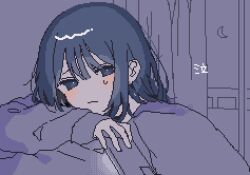 1girl aegyo_sal asleep_onthebed black_eyes black_hair blanket blunt_bangs crescent_moon curtains highres holding holding_phone long_sleeves looking_at_viewer moon original partially_colored phone pixel_art short_hair sidelocks solo teardrop under_covers upper_body window