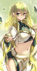 1girl absurdres blonde_hair blush closed_mouth duel_monster feathered_wings green_background green_eyes hair_between_eyes head_wings highres hu-li_the_jewel_mikanko japanese_clothes kanzakietc long_hair long_sleeves looking_at_viewer midriff navel nontraditional_miko official_alternate_costume official_alternate_hairstyle simple_background smile solo stomach wings yu-gi-oh!