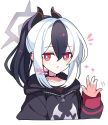 1girl :o black_choker black_hair black_hoodie black_horns blue_archive blush bright_pupils choker collarbone commentary cropped_torso dot_nose ear_piercing grey_halo hair_between_eyes halo hand_up highres hood hood_down hoodie horns jitome kayoko_(blue_archive) long_hair long_sleeves looking_at_viewer multicolored_hair notice_lines open_mouth piercing ponytail red_eyes shirocha_tei simple_background solo studded_choker twitter_username two-tone_hair white_background white_hair white_pupils
