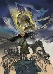 3girls 5boys animal_ears ankle_boots beard black_boots blonde_hair boots cat_ears closed_mouth commentary elf elvaan facial_hair final_fantasy final_fantasy_xi frown galka highres hume legs_apart long_hair low_ponytail mithra_(ff11) multiple_boys multiple_girls official_art parted_bangs pointy_ears ponytail second-party_source short_hair standing tarutaru terada_katsuya torn_clothes