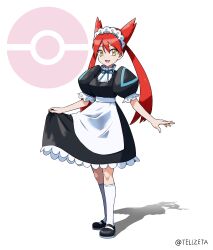 1girl :d absurdres alternate_costume apron black_dress black_shoes clothes_lift commentary_request dress dress_lift enmaided full_body gen_3_pokemon highres kneehighs knees latias latias_(human)_(pokemon_adventures) legendary_pokemon lifting_own_clothes long_hair looking_at_viewer maid maid_headdress nintendo open_mouth poke_ball_symbol pokemon pokemon_adventures shoes short_sleeves simple_background smile socks solo standing tellzeta twintails twitter_username waist_apron white_apron white_background white_socks yellow_eyes