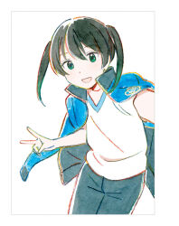 1girl artbook black_hair gradient_hair green_eyes green_hair gym_shirt gym_uniform hair_between_eyes highres jacket jacket_on_shoulders looking_at_viewer love_live! love_live!_nijigasaki_high_school_idol_club medium_hair multicolored_hair neo_sky_neo_map!_(love_live!) non-web_source official_art open_mouth pants selfie shirt simple_background smile solo takasaki_yu twintails two-tone_hair v white_background white_shirt