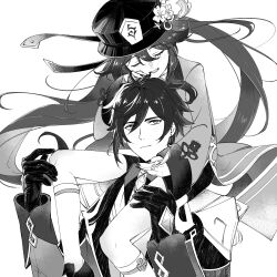 1boy 1girl black_gloves black_nails black_shorts carrying coattails earrings flower formal_clothes genshin_impact gloves hair_between_eyes hand_on_another&#039;s_head hat hat_flower highres hu_tao_(genshin_impact) jacket jewelry long_hair looking_at_viewer multiple_rings open_mouth plum_blossoms porkpie_hat ring shirt shorts shoulder_carry single_earring sitting sitting_on_person suit tassel tassel_earrings twintails very_long_hair zhongli_(genshin_impact) zzzhan