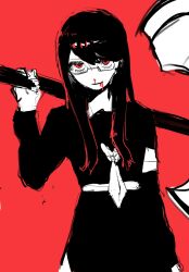 1girl axe bleeding blood blood_from_mouth eyelashes female_focus glasses highres holding holding_axe holding_weapon monochrome nosebleed red_background red_eyes shizuhara_hiruko solo the_hundred_line_-last_defense_academy- weapon