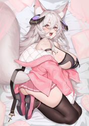 animal_ears bed breasts commission fraeya_(vtuber) glasses highres horns indie_virtual_youtuber large_breasts mayuri_kaichou messy miniskirt pale_skin pink_shoes shoes shoulder_tattoo skirt tail tattoo thighhighs virtual_youtuber wolf_ears wolf_tail