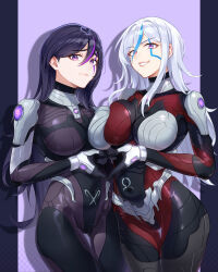 2girls absurdres armor black_bodysuit blue_hair bodysuit breasts breasts_squeezed_together closed_mouth eva_(hundred_line) female_focus hair_between_eyes heart heart_hands heart_hands_duo heterochromia highres large_breasts long_hair looking_at_viewer multicolored_eyes multicolored_hair multiple_girls open_mouth pink_background pink_hair purple_background purple_bodysuit purple_eyes purple_hair red_bodysuit red_eyes shoulder_armor siblings sisters smile standing teeth the_hundred_line_-last_defense_academy- v&#039;ehxness white_hair