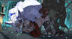 1boy 1girl animal_ears animal_penis bell blue_hair boots bottomless bound bound_wrists bukkake cave commission cum cum_in_pussy cum_on_back cum_on_body cum_on_floor cum_on_penis cum_on_upper_body cumdrip drugged extra_penises facial_mark flower fox_ears fox_girl fox_tail glowing_liquid hair_bell hair_between_eyes hair_bun hair_flower hair_ornament hetero high_heel_boots high_heels highres holding holding_polearm holding_spear holding_weapon interspecies lizardman multicolored_hair multiple_tails original penis planted planted_sword planted_weapon polearm pussy_juice red_eyes shuuko_(s_h_uuko) single_hair_bun spear sword tail thighhighs toeless_footwear torn_clothes torn_thighhighs water weapon white_hair