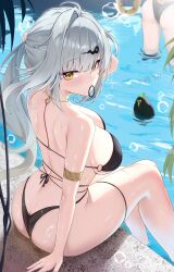 Rule 34 | 2girls, alternate costume, alternate hairstyle, arm support, ass, bikini, black bikini, blush, breasts, butt crack, commentary, gold armlet, green eyes, grey hair, highres, ju fufu, large breasts, long hair, looking at viewer, looking back, mihoyo, multiple girls, night known, o-ring, o-ring bikini, o-ring top, poolside, sideboob, sitting, solo focus, swimsuit, tail, thigh strap, thighs, tiger tail, wading, water, wet, yixuan (zenless zone zero), zenless zone zero