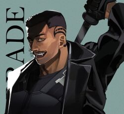 1boy black_gloves black_hair black_jacket blade_(marvel) blade_(series) character_name commentary_request dark-skinned_male dark_skin dhampir fangs gloves highres holding holding_sword holding_weapon jacket lia_ria looking_at_viewer male_focus marvel short_hair simple_background solo sword twitter_username undead vampire weapon