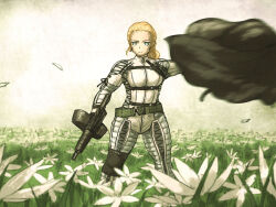 1girl assault_rifle beta_c-mag blonde_hair blue_eyes bodysuit carbine cloak drum_magazine field flower flower_field gun high-capacity_magazine highres ironlily looking_at_viewer m16 m231_firing_port_weapon magazine_(weapon) metal_gear_(series) metal_gear_solid_3:_snake_eater patriot_(metal_gear) rifle short-barreled_rifle solo the_boss weapon white_flower