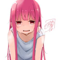 1girl arms_at_sides commentary_request dated exhausted highres hot kotonoha_akane kuuneru514 leaning_forward long_hair looking_at_viewer open_mouth pink_hair red_eyes shirt sidelocks signature simple_background sleeveless solo sweat upper_body voiceroid white_background white_shirt