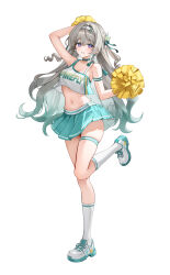 1girl absurdres alternate_costume arm_strap armpit_crease bare_shoulders bow breasts character_name cheerleader cleavage clothes_writing collarbone commentary crop_top earrings firefly_(honkai:_star_rail) full_body gradient_hair green_bow green_hair green_skirt grey_hair hair_bow hairband hasom highres honkai:_star_rail honkai_(series) jewelry large_breasts leg_up long_hair looking_at_viewer multicolored_hair navel parted_lips pleated_skirt pom_pom_(cheerleading) purple_eyes shirt shoes simple_background skindentation skirt smile sneakers socks solo standing standing_on_one_leg stomach thigh_strap thighs white_background white_hairband white_shirt white_shoes white_socks