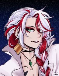 1boy absurdres androgynous bishounen braid coat crystal earrings eyeshadow gem green_eyes green_gemstone grizzlyplays highres indie_virtual_youtuber jewelry long_hair looking_at_viewer makeup male_focus multicolored_hair necklace open_clothes open_coat red_eyeshadow red_hair single_braid sky solo star_(sky) starry_sky streaked_hair virtual_youtuber white_coat white_hair zoppzoop