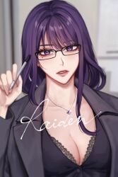 Rule 34 | 177 09cm, 1girl, black jacket, black shirt, bra, breasts, character name, cleavage, genshin impact, glasses, highres, holding, holding pen, jacket, jewelry, lace, lace-trimmed bra, lace trim, long hair, looking at viewer, mole, mole under eye, necklace, parted lips, pen, portrait, purple eyes, purple hair, raiden shogun, rectangular eyewear, shirt, solo, underwear