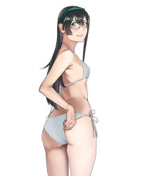 1girl adjusting_clothes adjusting_swimsuit amanattou_shigure ass bikini black_hair breasts derivative_work from_behind glasses green_eyes green_hairband hairband highres kantai_collection long_hair looking_at_viewer looking_back ooyodo_(kancolle) semi-rimless_eyewear side-tie_bikini_bottom simple_background small_breasts smile solo standing swimsuit under-rim_eyewear white_background